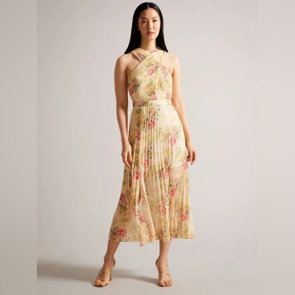 Ted Baker London Amerah Cross Front Pleated Midi Dress in Yellow Floral Size 2-4